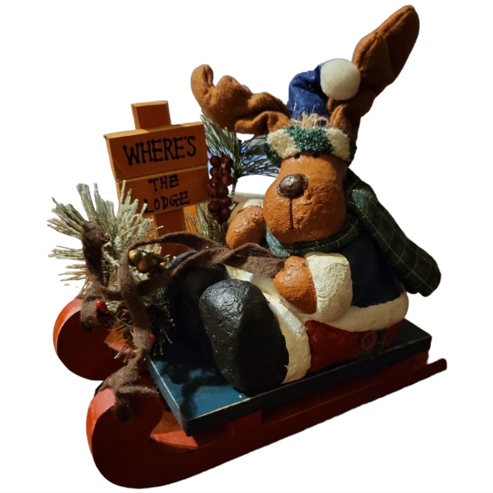 Vtg Wooden Christmas Santa Sled Moose/Reindeer Where's The Lodge